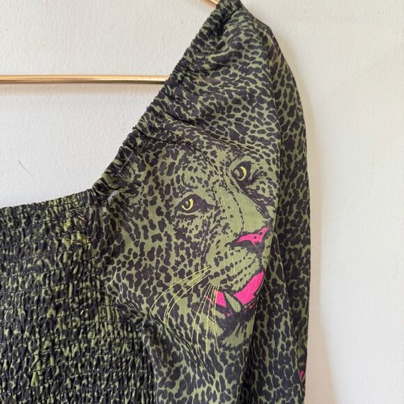 Betsy Johnson Green and Black Leopard animal Print Smocked Tiered Midi Dress S - Picture 2 of 12